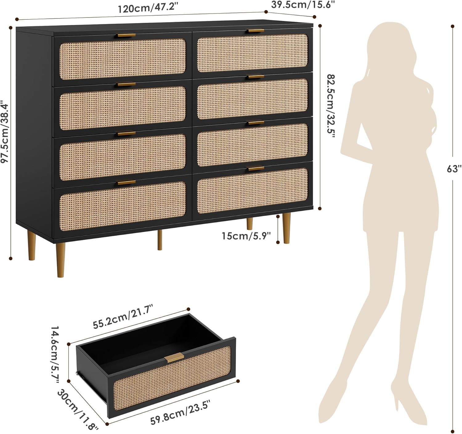 Garvee Rattan 8 Drawer Dressers for Bedroom, Tall Dresser with Deep Drawers, Large Chest of Drawers for Closet with Wide Top, Long Wooden Dresser for Living Room, Hallway, Kids Room, Black