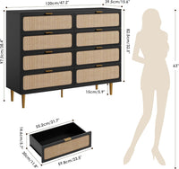 Garvee Rattan 8 Drawer Dressers for Bedroom, Tall Dresser with Deep Drawers, Large Chest of Drawers for Closet with Wide Top, Long Wooden Dresser for Living Room, Hallway, Kids Room, Black
