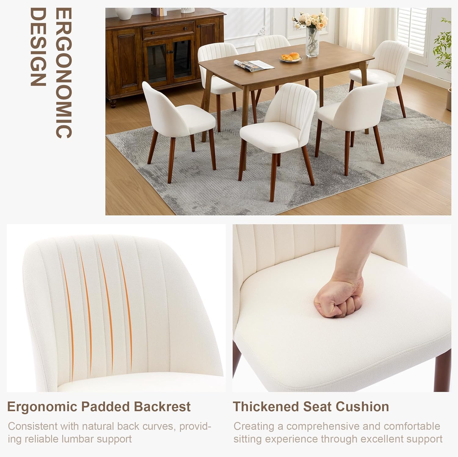 Garvee Set of 6 Mid-Century Modern Fabric Upholstered Dining Chairs with Padded and Solid Wood Legs, Beige