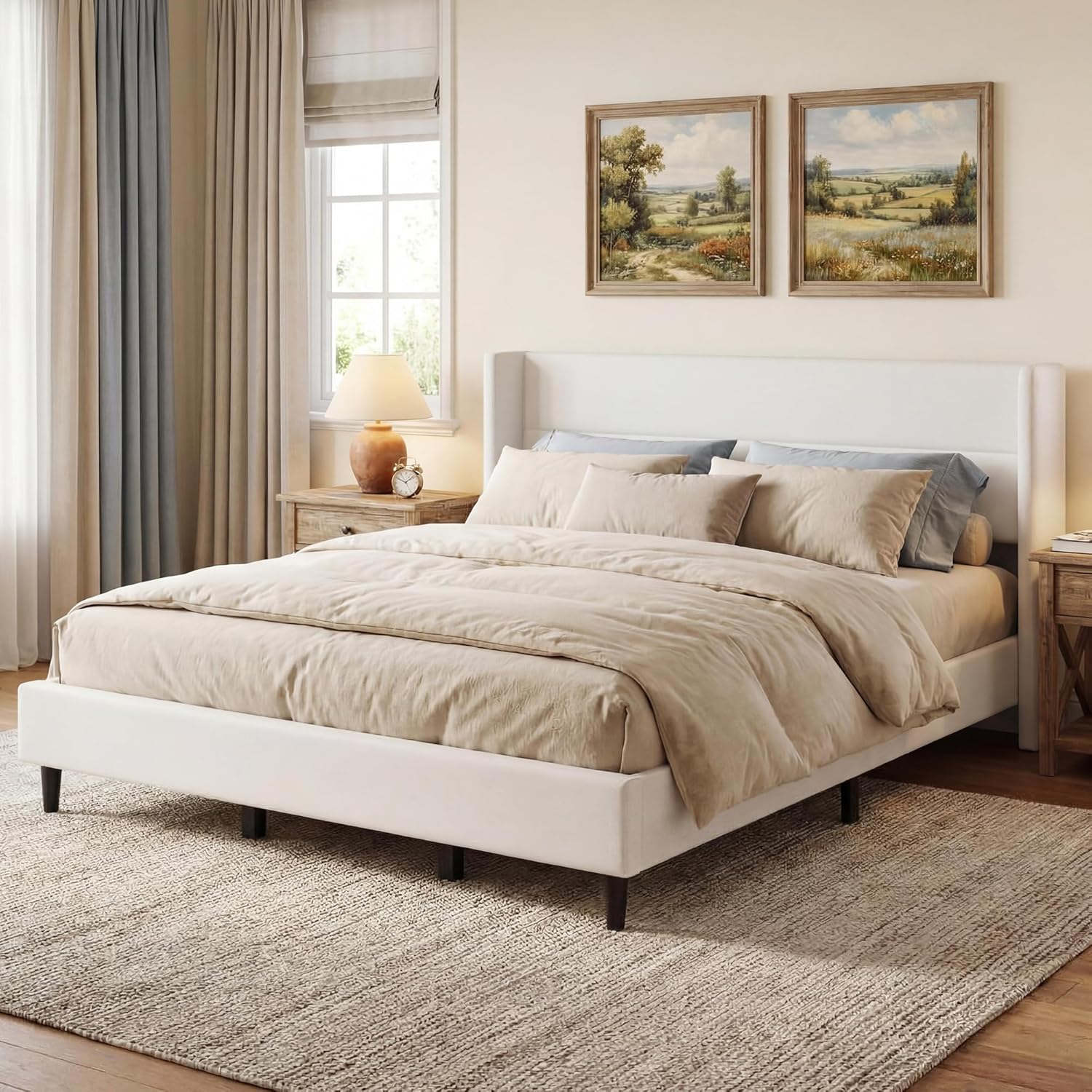 Garvee King Size Bed Frame with Wingback Headboard, Velvet Upholstered Platform Bed Frame with Sturdy Wooden Slats Support, No Box Spring Needed, Easy Assembly, White