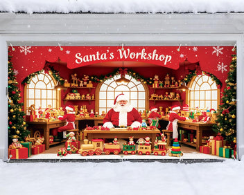 Garvee Large Christmas Garage Door Cover 7x16 ft, Festive Holiday Garage Door Banner for Home, Church, Party, Wall Decorations (Santa’s Shop)