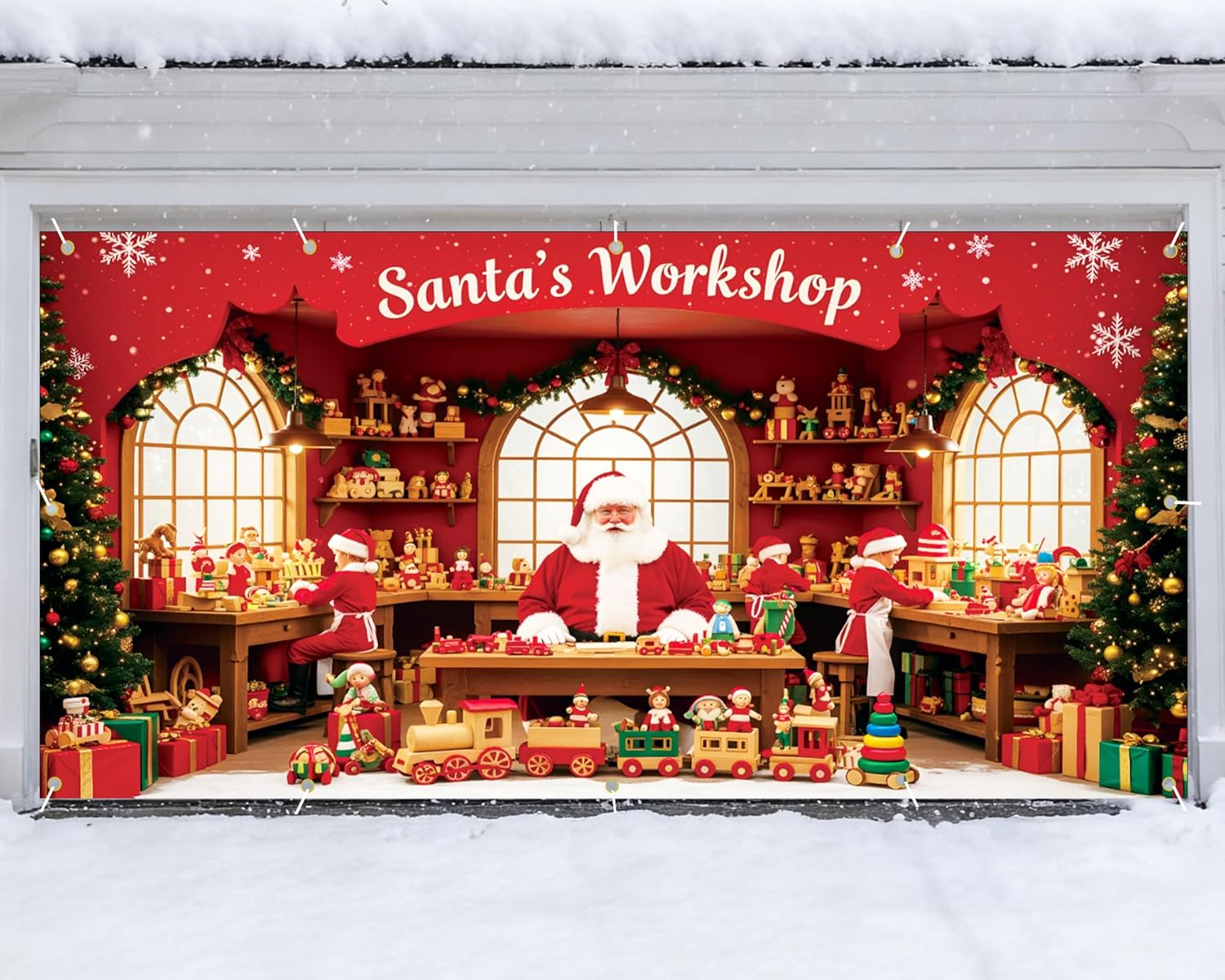 Garvee Large Christmas Garage Door Cover 7x16 ft, Festive Holiday Garage Door Banner for Home, Church, Party, Wall Decorations (Santa’s Shop)