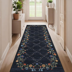 Garvee Washable Runner Rug 2x6 Black, Modern Floral Kitchen Runner with Non-Slip Backing for Hallway, Entryway, Indoor Use - Black