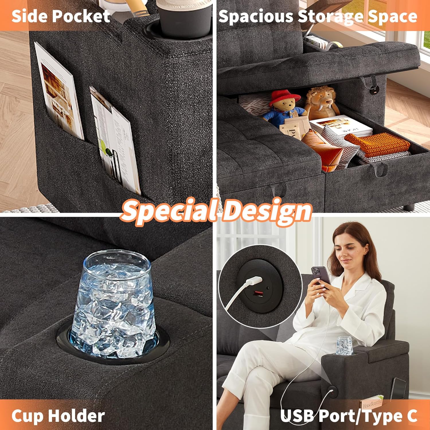 Garvee L-Shaped Sectional Sleeper Sofa with Pull Out Bed,  Reversible Storage Chaise, Hidden Storage Armrests, Cup Holders & USB Charging Ports, Convertible Couches for Living Room, Apartment, Gray