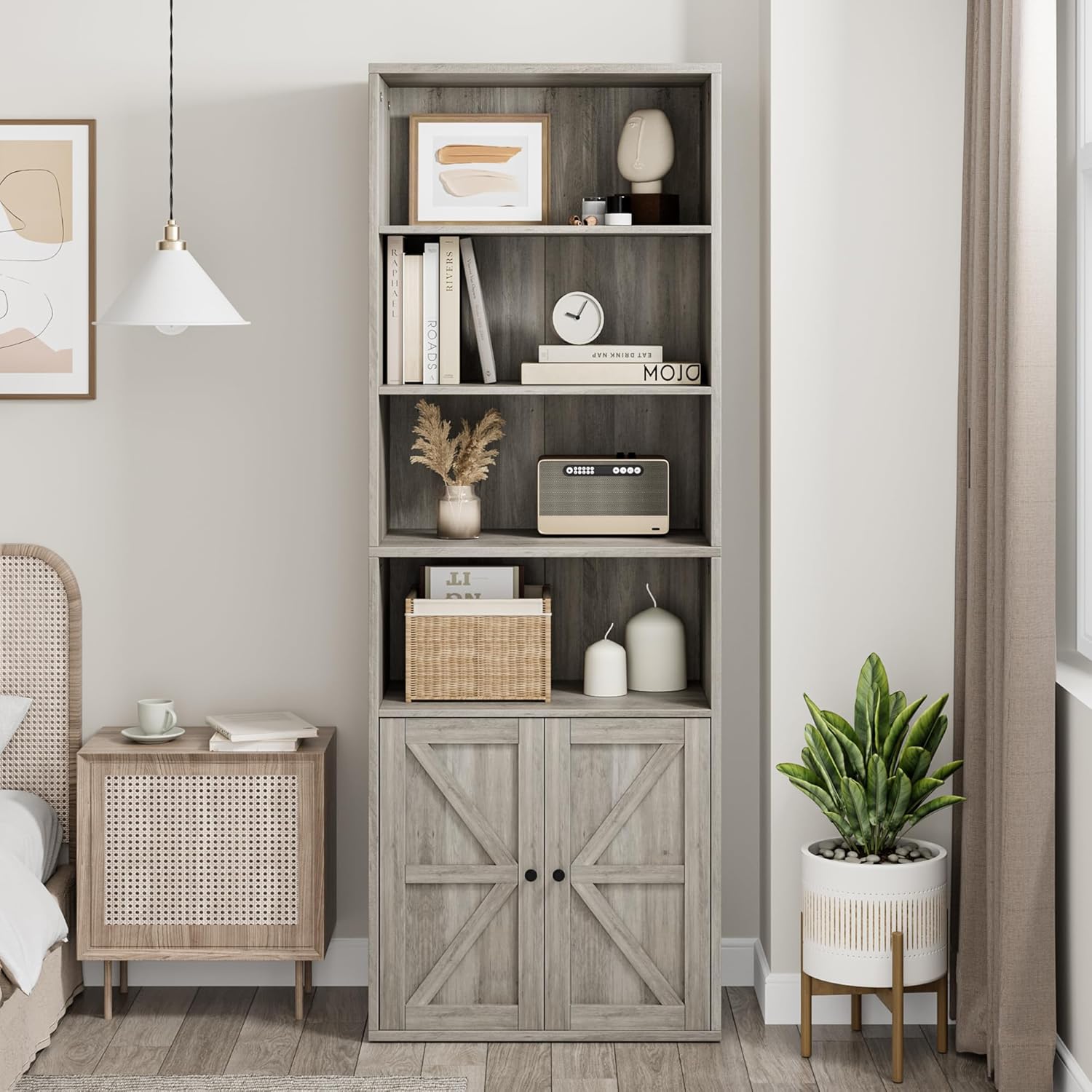 Garvee Industrial Bookshelf Bookcase with Doors & 11.8in Depth Display Storage Shelves, 71.4in Tall Farmhouse Bookcases Wooden 6 Shelf Bookshelvels for Bedroom, Living Room, Home Office, Gray