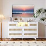 Garvee Natural Rattan Dresser for Bedroom with LED Light and Charging Station, 6 Drawer Double Dressers, Modern Wooden Dresser Chest, Beside Table for Closet, Nursery, Living Room, White - White