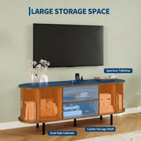 Garvee 55" Fluted TV Stand for TVs Up to 65", Mid Century Media Console with LED Lights and Power Outlet, Entertainment Center with Storage, Sliding Door & Adjustable Shelf for Living Room, Walnut