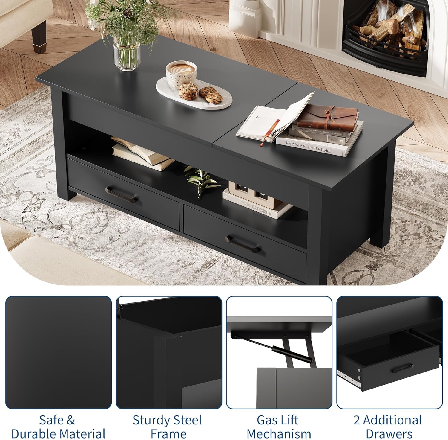 Garvee Coffee Table Lift Top, Convertible Coffee Table with Wooden Lift Tabletop, 2 Drawers and Hidden Compartment, Central Table with Storage for Living Room Home Office, Black