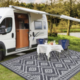 GARVEE Outdoor Grey & White 9x18 Rug – Reversible Plaid Pattern Plastic Tube Rug, Foldable Portable Camping Rug, Non-Shedding, Stain-Resistant Indoor and Outdoor Rug for High Traffic Areas - Gray & White