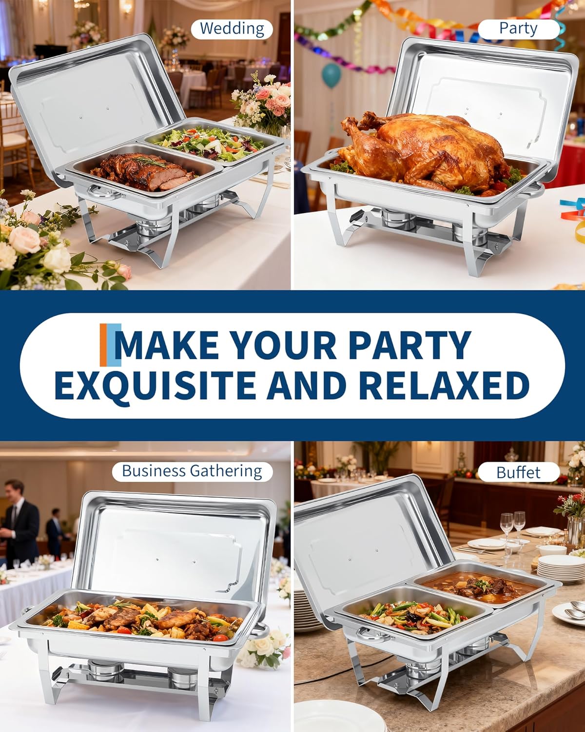 Garvee 4-Pack Stainless Steel Chafing Dish Buffet Set - 8QT Large Square Food Warmer for Catering, Weddings & Home Parties, Silver, 24.4x14x12 Inches