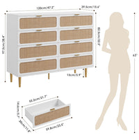 Garvee Rattan 8 Drawer Dressers for Bedroom, Tall Dresser with Deep Drawers, Large Chest of Drawers for Closet with Wide Top, Long Wooden Dresser for Living Room, Hallway, Kids Room, White