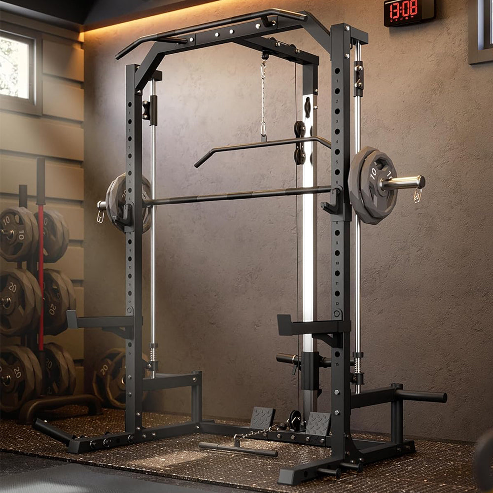GARVEE Smith Machine Home Gym with Barbell Bar, Cable System, Lat Pulldown Attachments, Safety Spotter Arms, J Hooks, Landmine, Multi-Functional Squat Rack for Full Body Strength Training
