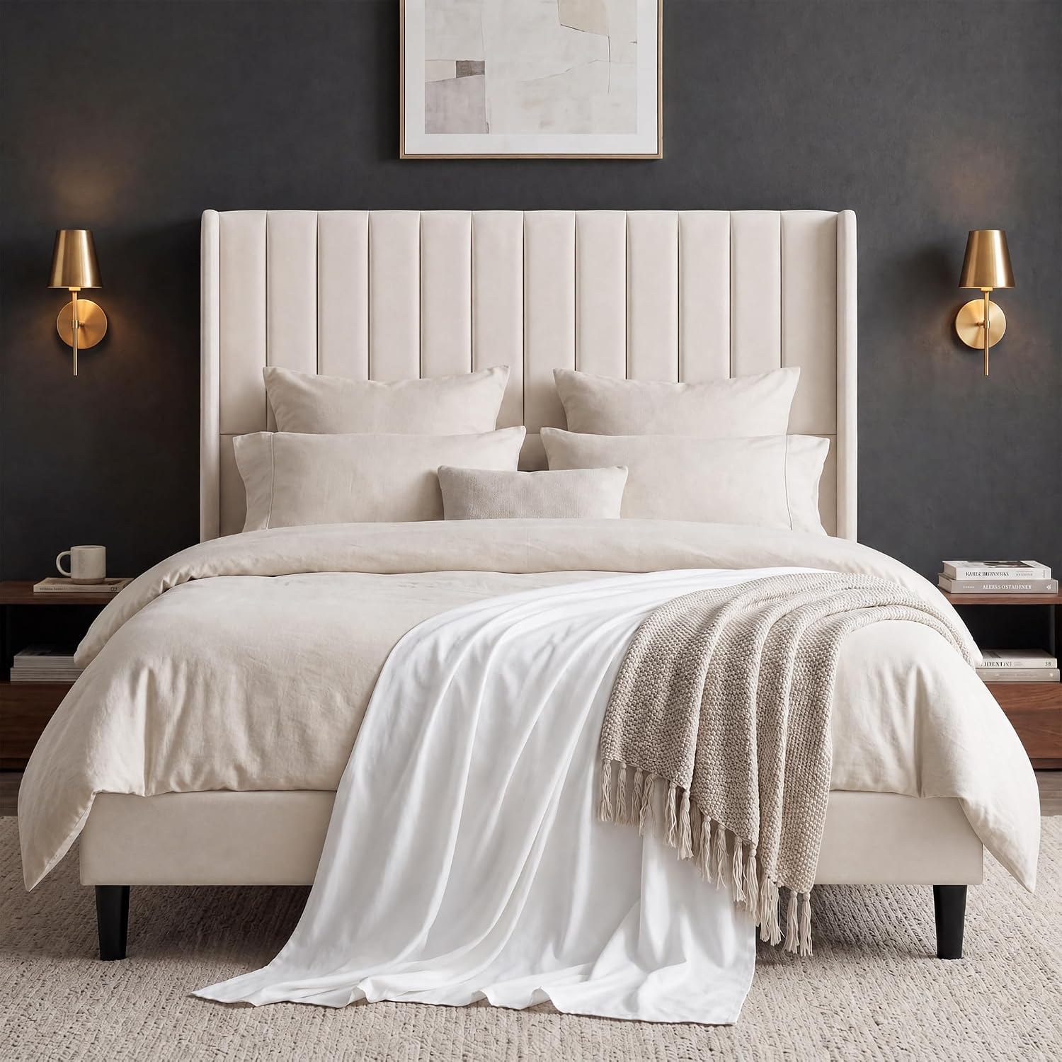 Garvee Velvet Upholstered Platform Bed Frame with 52" Tall Wingback Vertical Channel-Tufted Headboard, Wood Slat Support, Underbed Storage, No Box Spring Needed, Easy Assembly - Queen, Light Beige style style