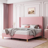 Garvee Full Size Bed Frame, Upholstered Platform Velvet Bed Frame with Vertical Channel Tufted Wingback Headboard, Strong Wooden Slats, No Box Spring Needed, Easy Assembly, Pink - Pink