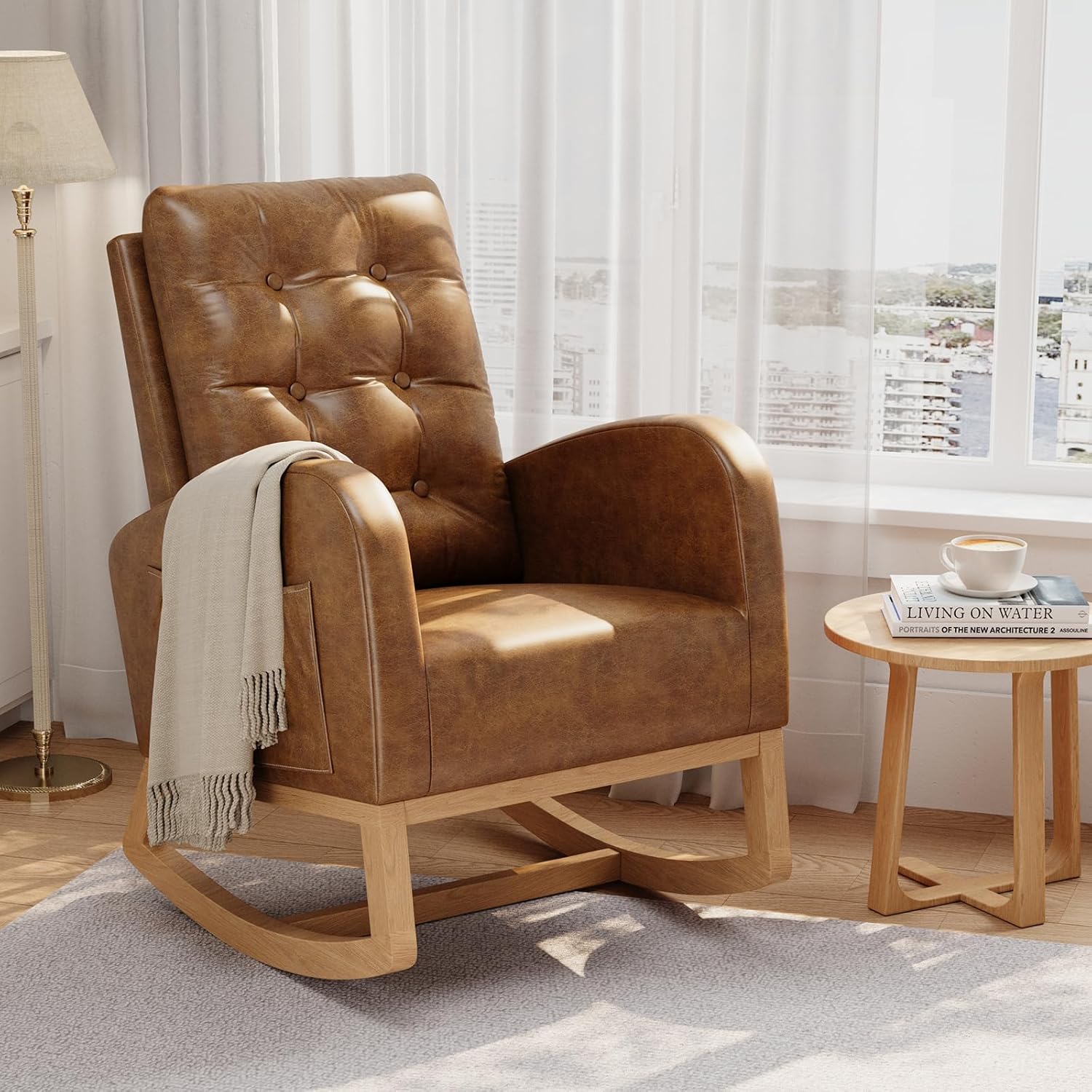 Garvee Nursery Rocking Chair, Breathable PU Leather Upholstery, Sturdy Wooden Legs & High Backrest, Comfortable Glider Rocking Chair for Living Room or Bedroom, Brown