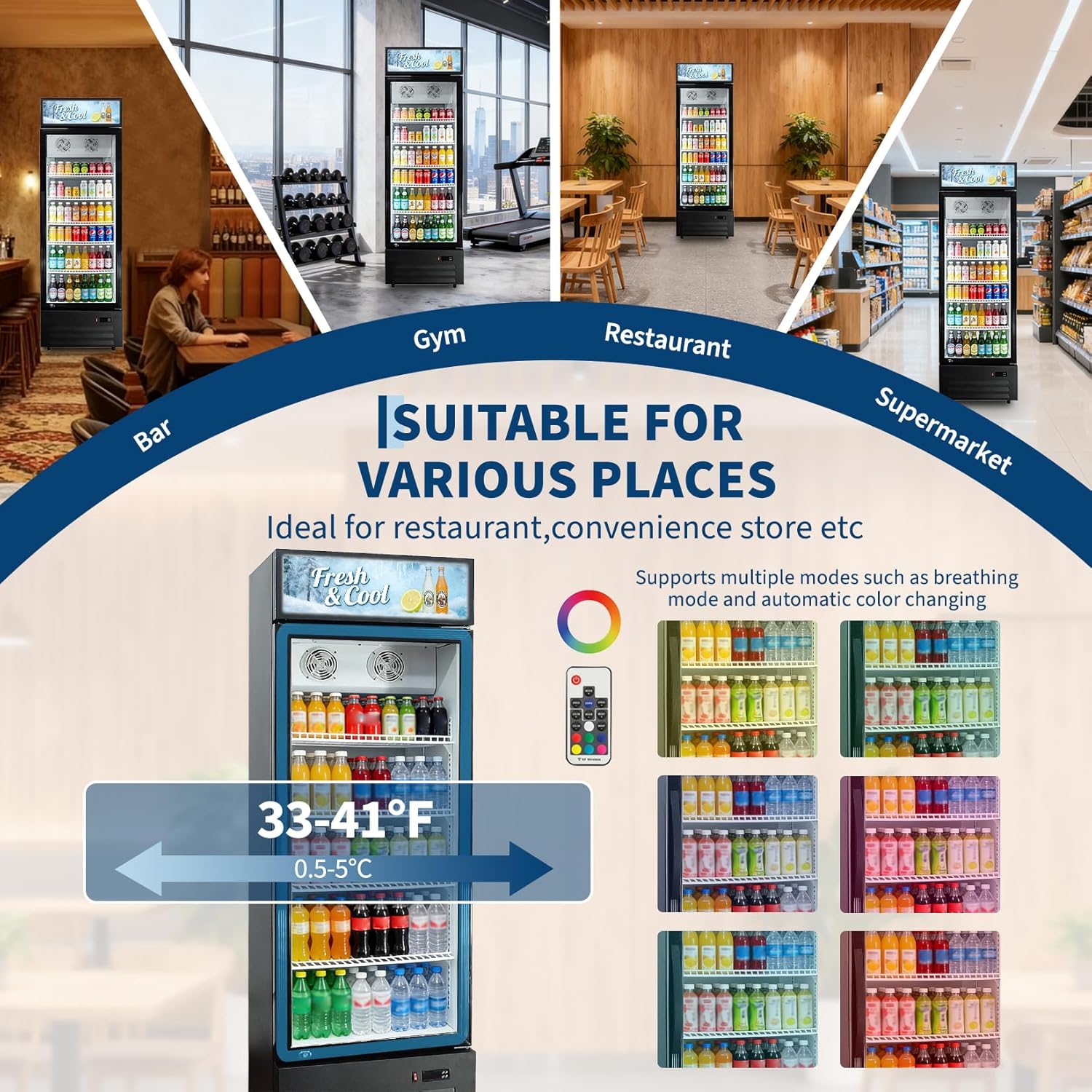 GARVEE 19.1 Cu.ft Commercial Beverage Cooler with RGB LED Lights & Remote - 280-Can Glass Door Display Fridge, Air-Cooled Frost-Free with Top Light Box for Bar Restaurant Store（Black）