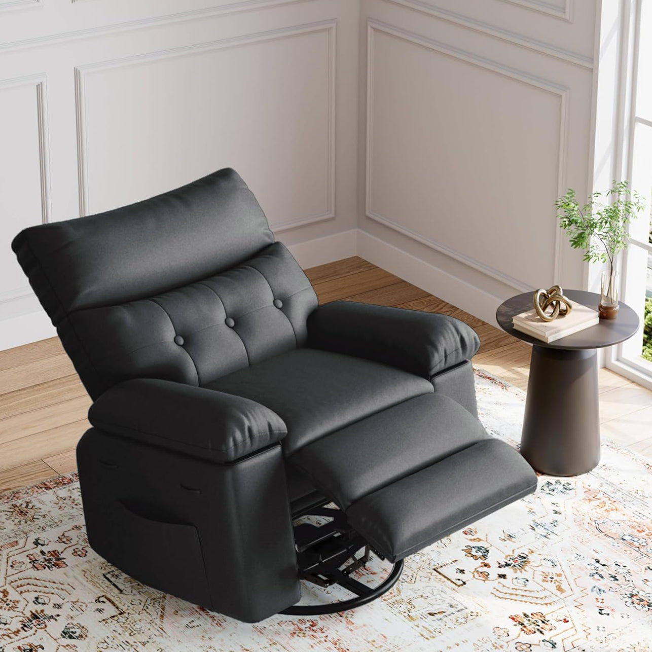 Garvee Oversized PU Leather Swivel Rocker Recliner Dining Chair - 360° Manual Reclining, Thick Cushion, Comfortable Arm & Backrest, Lounge Sofa for Living Room, Bedroom, Home Theater - Black