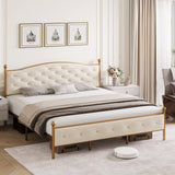 Garvee King Size Upholstered Platform Bed with Velvet Button Tufted Headboard, Metal Frame, Wooden Slats, No Box Spring Needed, Gold and Off White, 800lbs Capacity, Noise-Free, Easy Assembly - Off White