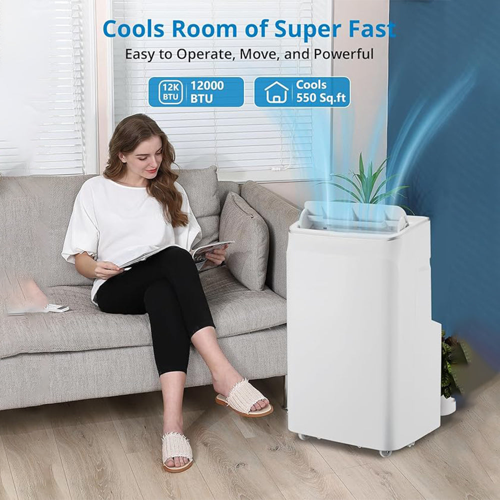 Garvee 12000 BTU Portable Air Conditioner with Remote Control – 3-In-1 Cool, Fan, and Dry Functions, Fast Cooling for Up to 550 Sq. Ft., Low Noise, Sleep Mode, and 24-Hour Timer