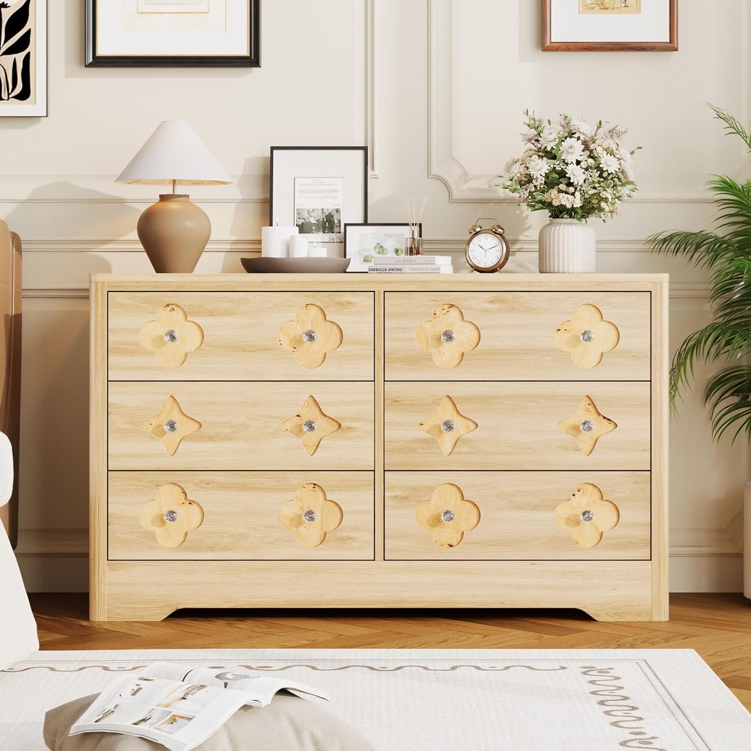 Garvee 6 Drawer Dresser for Bedroom, 47.2'' Wide Dresser, Boho Chest of Drawers, Wooden Chest with Clothes Storage Cabinet, Decorative Drawer Front Organizer for Bedroom, Living Room, Natural Wood