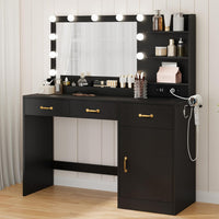 Garvee Modern Vanity Desk with Lighted Mirror, 11 Dimmable LED Bulbs, Charging Station, 3 Drawers, Cabinet, Open Shelves, Upholstered Storage Stool – Makeup Table for Bedroom, Black