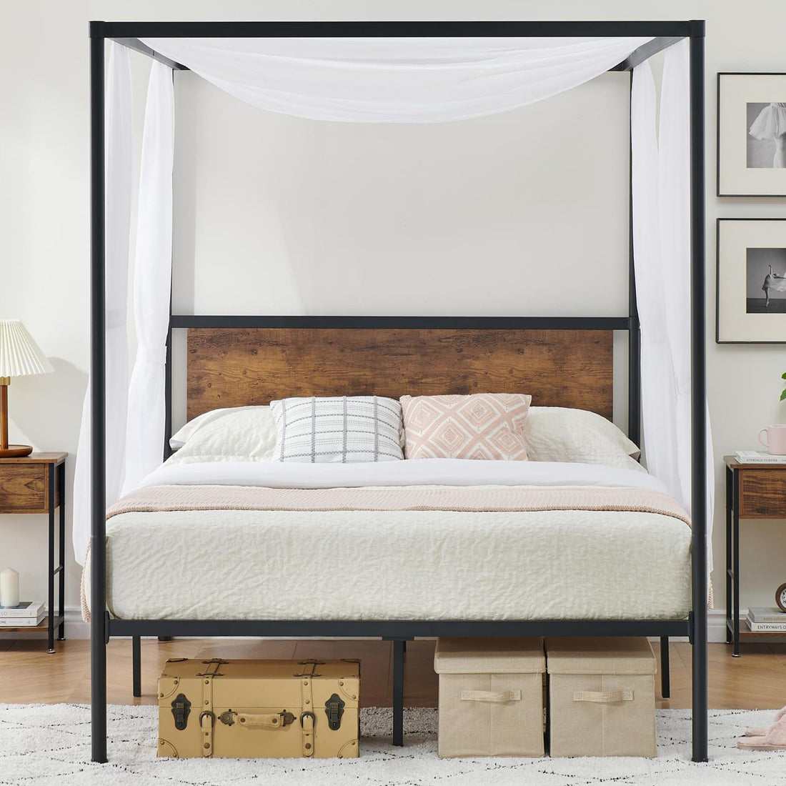 Garvee Queen Canopy Bed Frame, Industrial Metal Four-Poster with Headboard, Wooden Slats, Storage, No Box Spring, Easy Assembly