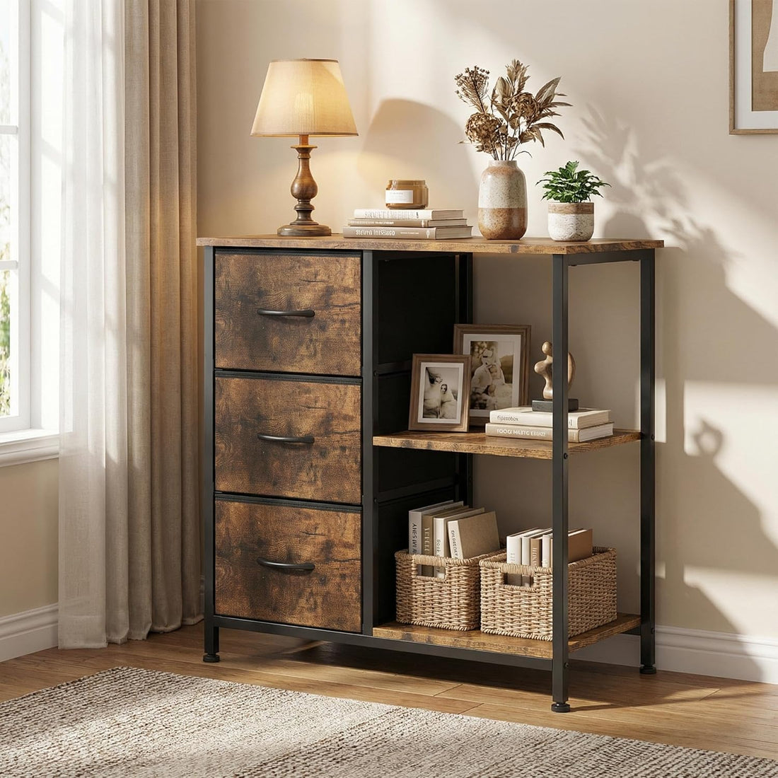 Garvee 3 Drawer Mobile File Cabinet with Open Storage Shelf, Rolling Printer Stand and Fabric Lateral Filing Cabinet for Home Office, Fits A4 or Letter Size Files, Brown