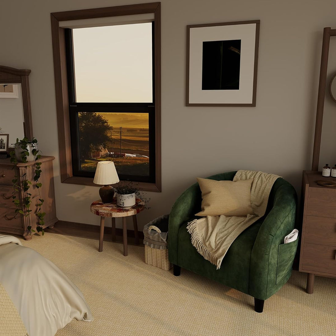 Garvee Accent Chair Velvet Club Chair, Comfy Curved Armrest Upholstered Barrel Chair with Soft Padded Seat, U-Shaped Backrest for Living Room Bedroom Study Waiting Room, Retro Green