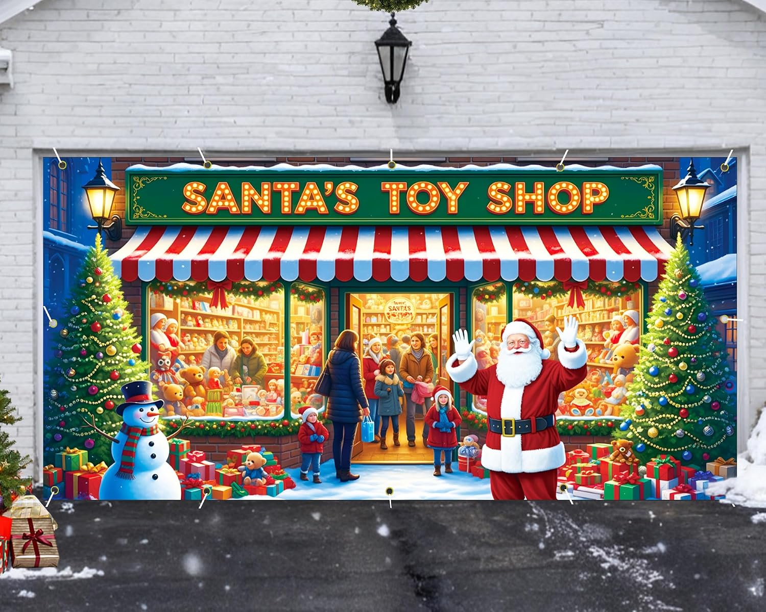 Garvee Santa's Workshop Garage Door Cover - 7x16 ft Christmas Holiday Decor with 4x6 m Ribbon Strings | Polyester Santa & Elves Scene for Home, Church, Party Decorations | Durable, Reusable & Fade-Resistant