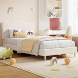 Garvee Upholstered Twin Size Bed Frame for Kids with Crown Headboard, Cute Velvet Twin Bed for Girls, Boys, Sturdy Platform Bed, No Box Spring Needed, Wooden Slats, Noise Free, White - White
