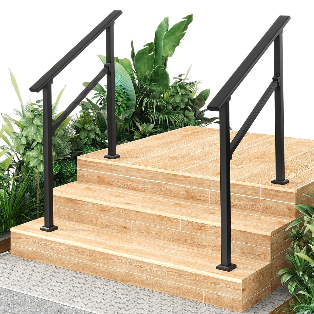 Garvee Hand Rails for Outdoor Steps, Metal Stair Railing Handrail, 3 Step，2 Pack, Black