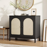Garvee Buffet Cabinet with Storage, Kitchen Storage Cabinet with Rattan Doors, Accent Cabinet with Adjustable Shelves, Sideboard Cabinet Cupboard Console Table for Living Room, Black - black