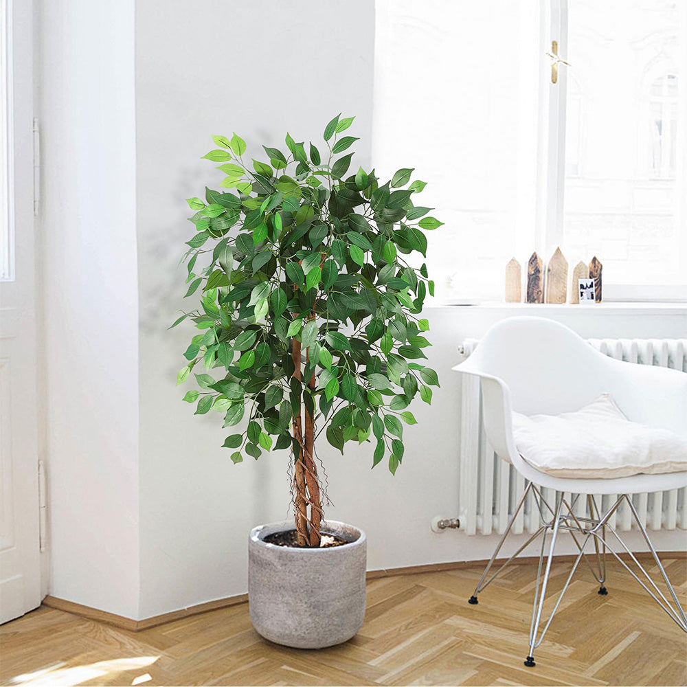 Garvee Artificial Ficus Tree 4ft Tall - Realistic Silk with Natural Wood Trunk - Durable Polyester, Adjustable Branches - Indoor Outdoor Decor