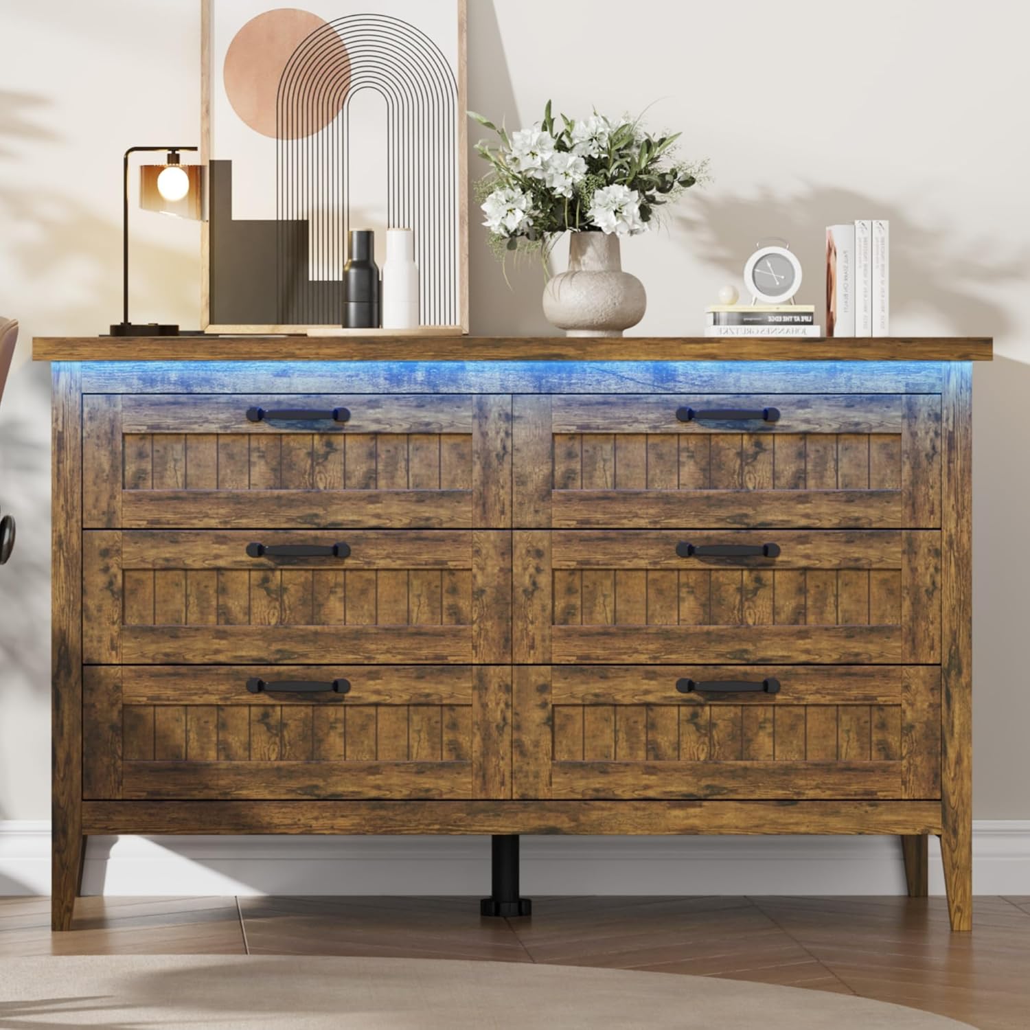 Garvee 6 Drawer Dresser with Power Outlet, Rustic Brown Dresser with LED Light, Modern Chest of Drawers for Closet, Double Wide Drawer Organizer Cabinet for Bedroom, Living Room