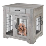 Garvee Wood Look Dog Crate End Table with Drawer, Chew-Proof Metal Fence, Indoor Pet Crate, Grey, Suitable for Small Dogs - grey