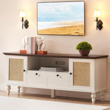 Garvee TV Stand for 65+ Inch TV, Modern Rattan Entertainment Center, MDF Wood, Storage & Mesh Door, Adjustable Shelves, Living Room - Brown top plate + white cabinet
