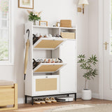Garvee Rattan Shoe Storage Cabinet with 3 Flip Drawers, Freestanding Organizer with Adjustable Shelves for Entryway, Narrow Shoe Rack Cabinet for Hallway, Easy Assembly, White - White