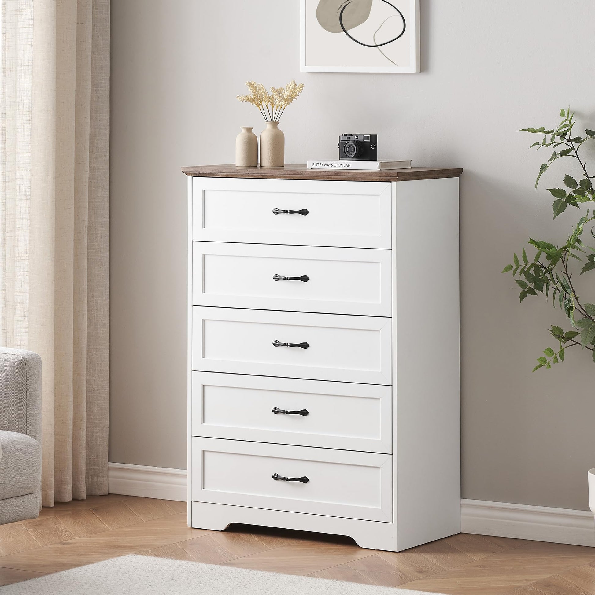 dresser 5 drawer Garvee 5 Drawers Dresser for Bedroom, Chest of Drawers with Wide Metal Handle, Farmhouse Modern Wooden Dresser Storage Organizer for Bedroom, Living