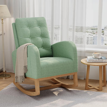 Garvee Nursery Rocking Chair, Teddy Fleece Upholstery, Sturdy Wooden Legs & High Backrest, Comfortable Glider Rocking Chair for Living Room or Bedroom, Green