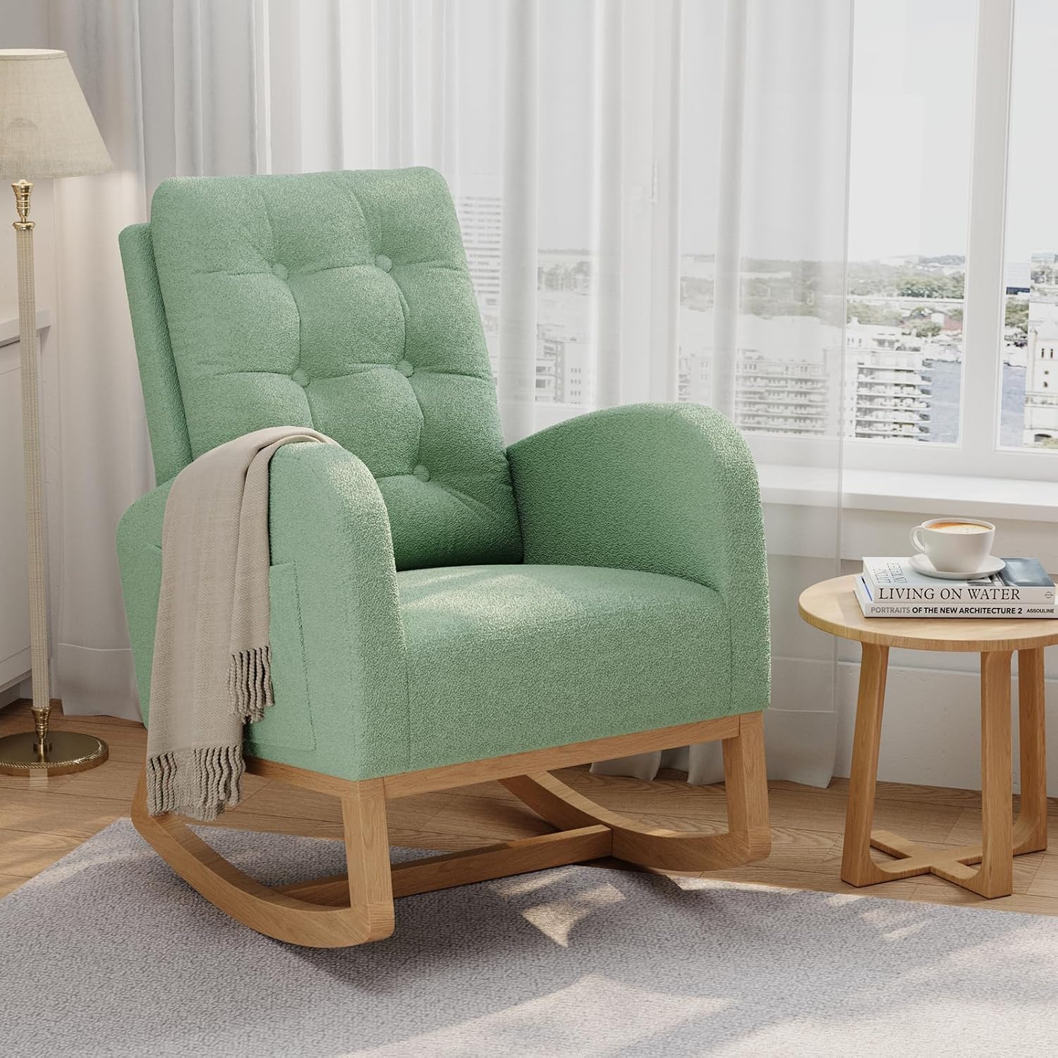 Garvee Nursery Rocking Chair, Teddy Fleece Upholstery, Sturdy Wooden Legs & High Backrest, Comfortable Glider Rocking Chair for Living Room or Bedroom, Green
