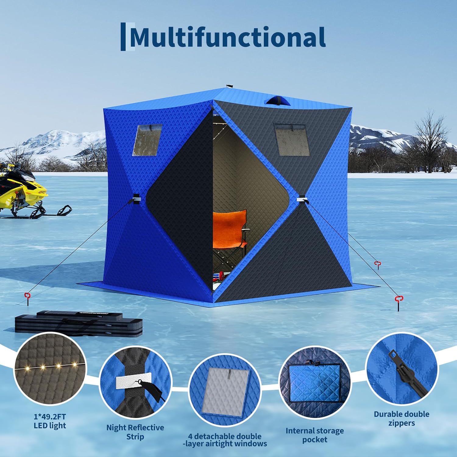 Garvee Pop Up Ice Fishing Tent 49ft LED Light Strip Insulated Waterproof Windproof Blue+Black 25 sq ft Fishable Area 2-3 Person Winter Fishing