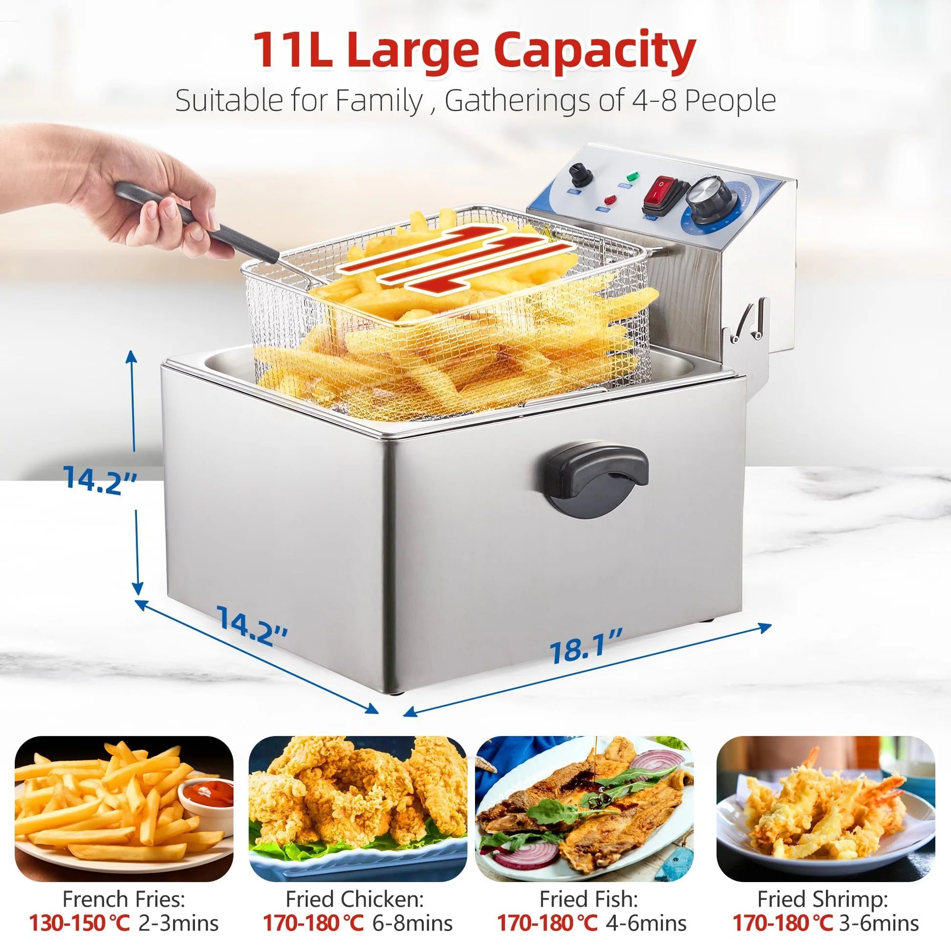 Garvee 11L/10QT 1500 Watts Electric Deep Fryer - Stainless Steel Adjustable Temperature Control for Wings, Shrimp, Nuggets (110V) with Basket