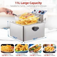Garvee 11L/10QT 1500 Watts Electric Deep Fryer - Stainless Steel Adjustable Temperature Control for Wings, Shrimp, Nuggets (110V) with Basket