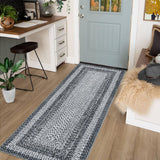 Garvee Bordered Grey 2x6 Boho Washable Runner Rug, Distressed Farmhouse Print, Ultra-Thin Non-Slip Polyester Mat with Cozy Texture for Kitchen, Bedroom, Entryway - Gray