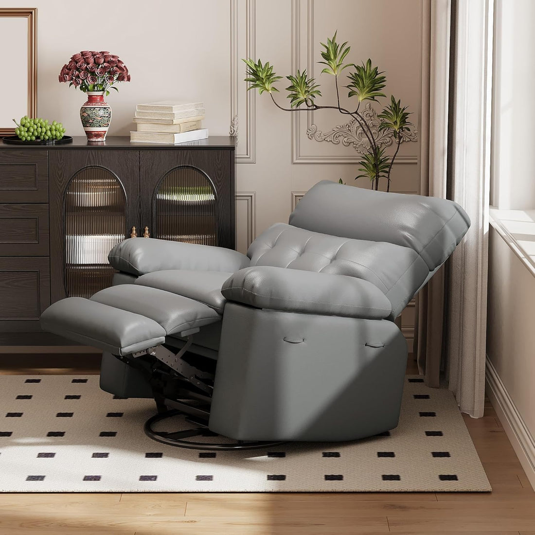 Garvee Oversized Manual Recliner, Breathable Leather Pushback Recliner Chair, Single Lazy Sofa Chair with Two Cup Holders and Side Pocket, Living Room Recliner, Gray