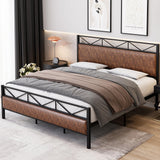Garvee Queen Size Bed Frame with PU Leather Headboard＆Footboard, Upholstered Platform Bed with 14 Strong Metal Slats, 11" Under-Bed Storage, Noise-Free, Easy Assembly, Brown - PU Brown