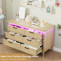 Garvee 6 Drawer Dresser with Power Outlet, Natural Dresser with LED Light, Modern Chest of Drawers for Closet, Double Wide Drawer Organizer Cabinet for Bedroom, Living Room