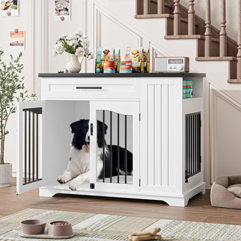 Garvee Wooden Indoor Dog Crate Furniture with Drawer & Lockable Doors, Heavy Duty Indoor Dog Kennel End Table with Feeding Bowls & Storage for Small Medium Large Dogs, White & Walnut
