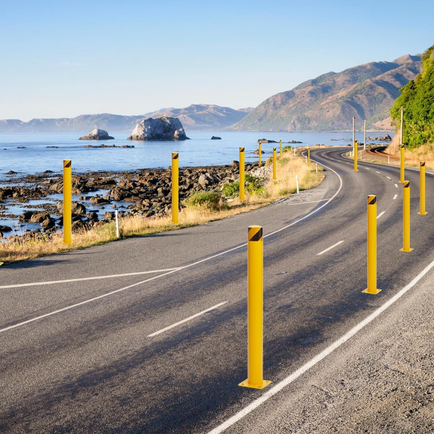 Safety Bollard Post 6 Packs Safety Bollard, Yellow Safety Steel Posts, With 24 Anchor Bolts 4 5 Diameter Driveway Barrier For Traffic Control Driveway Barriers Ballards Post