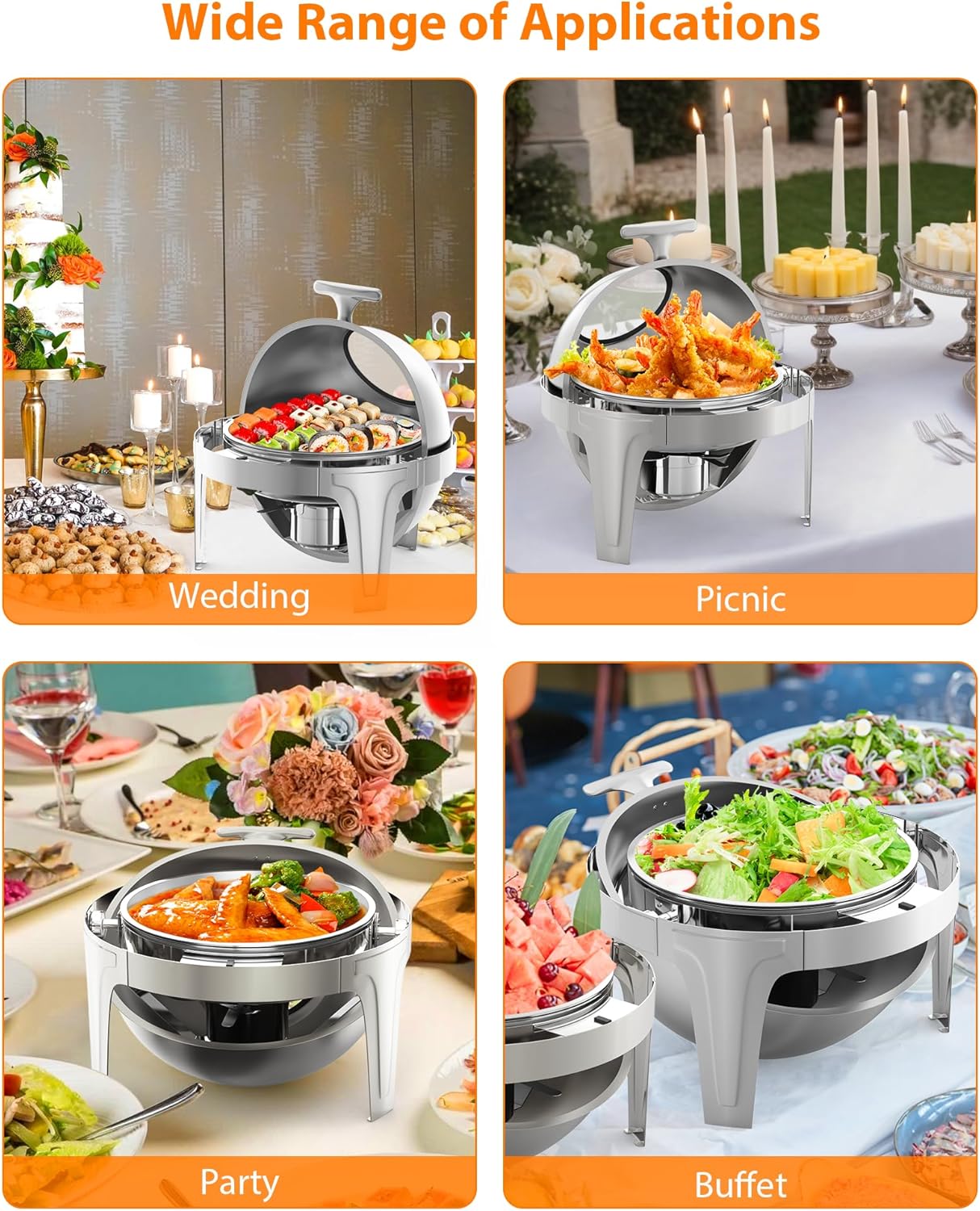 Garvee 6.3 Quart Round Roll Top Chafing Dish Buffet Set Stainless Steel Food Warmer with Glass Window for Party Wedding Banquet Silver